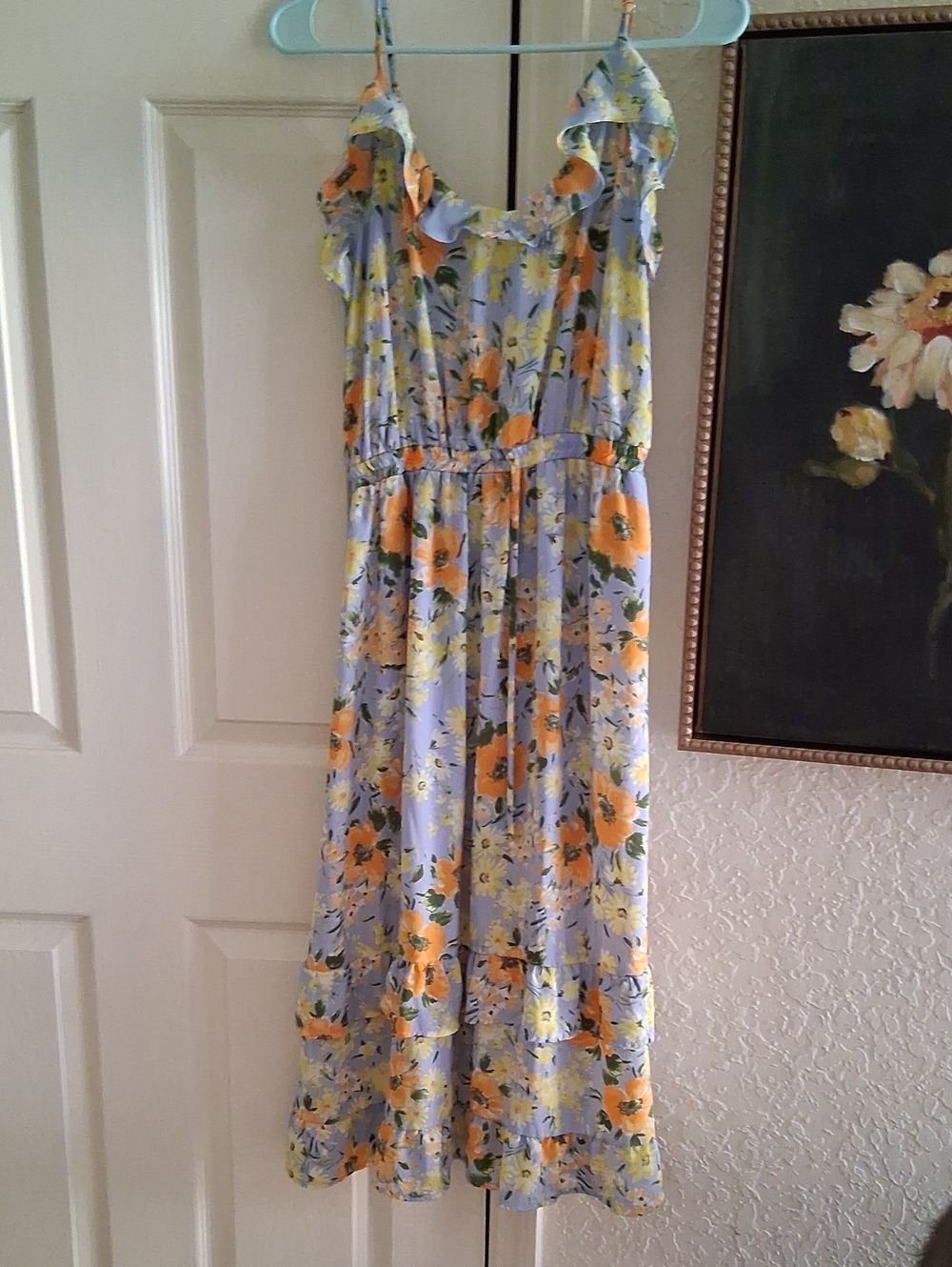 Floral Ruffle Strap Maxi Dress in Light Blue and Yellow